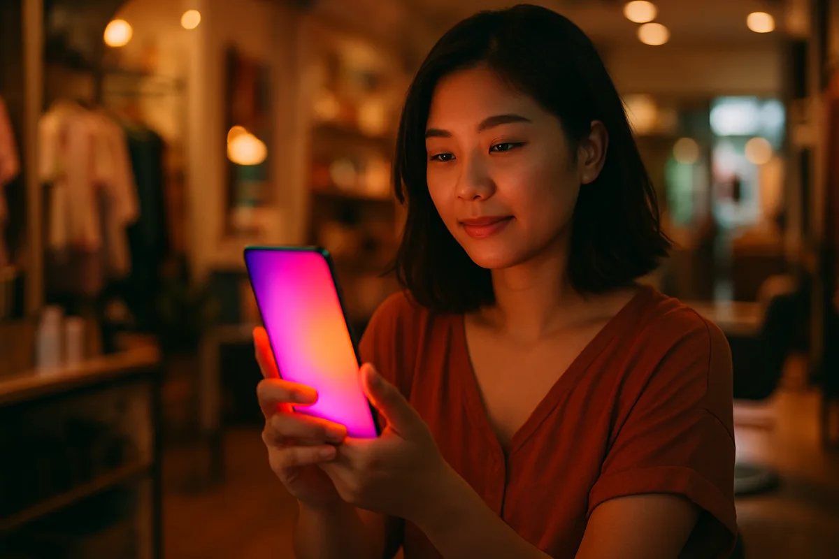 A Singapore business owner reading Instagram DMs, lit by a warm pink and orange gradient glow