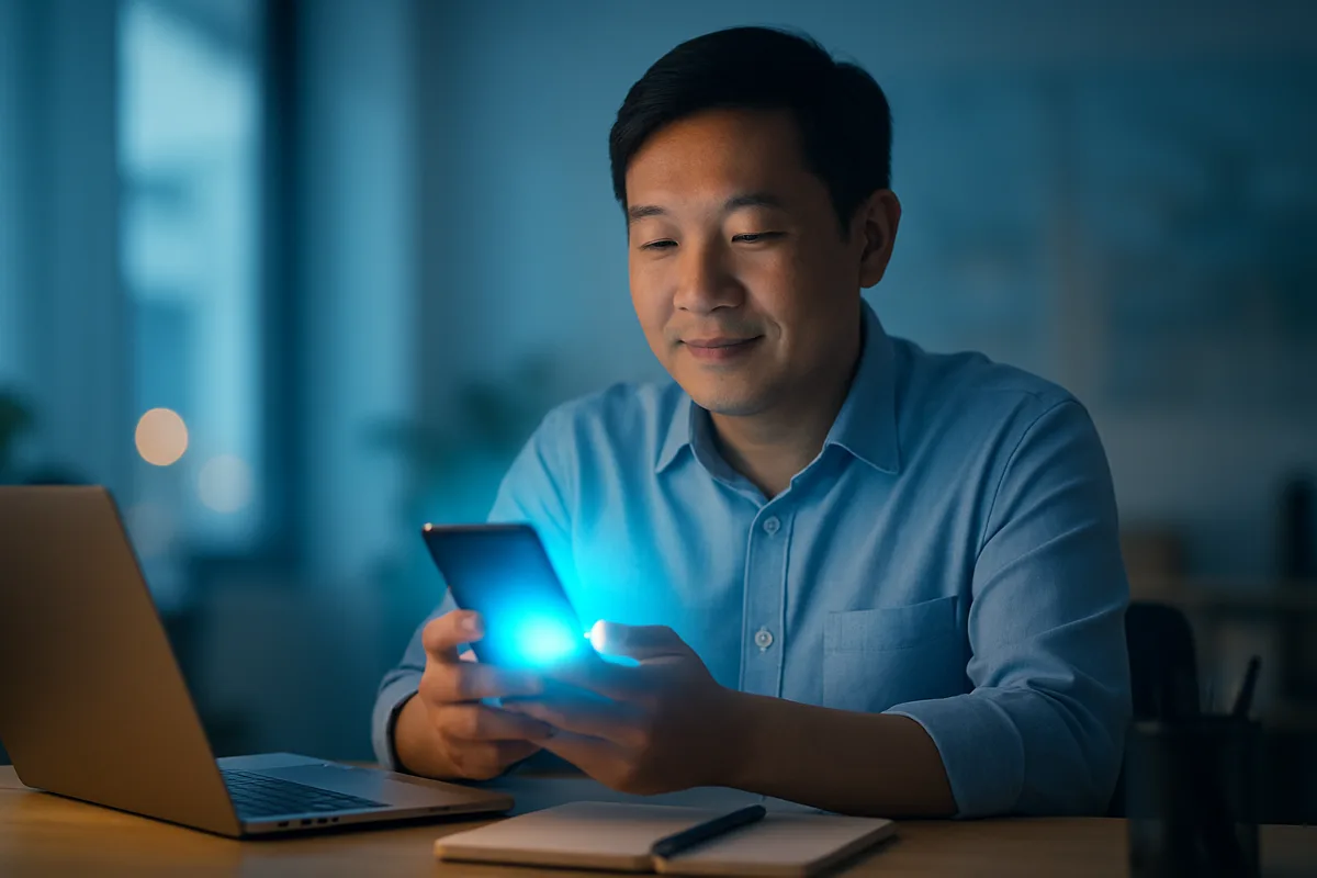 A Singapore SME professional using Telegram, lit by a sky-blue message glow