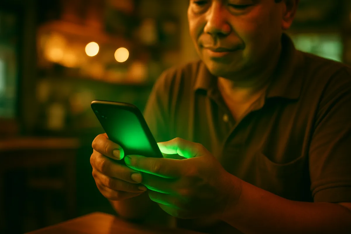 A Singapore business owner using WhatsApp to reply to customers, lit by a green message glow