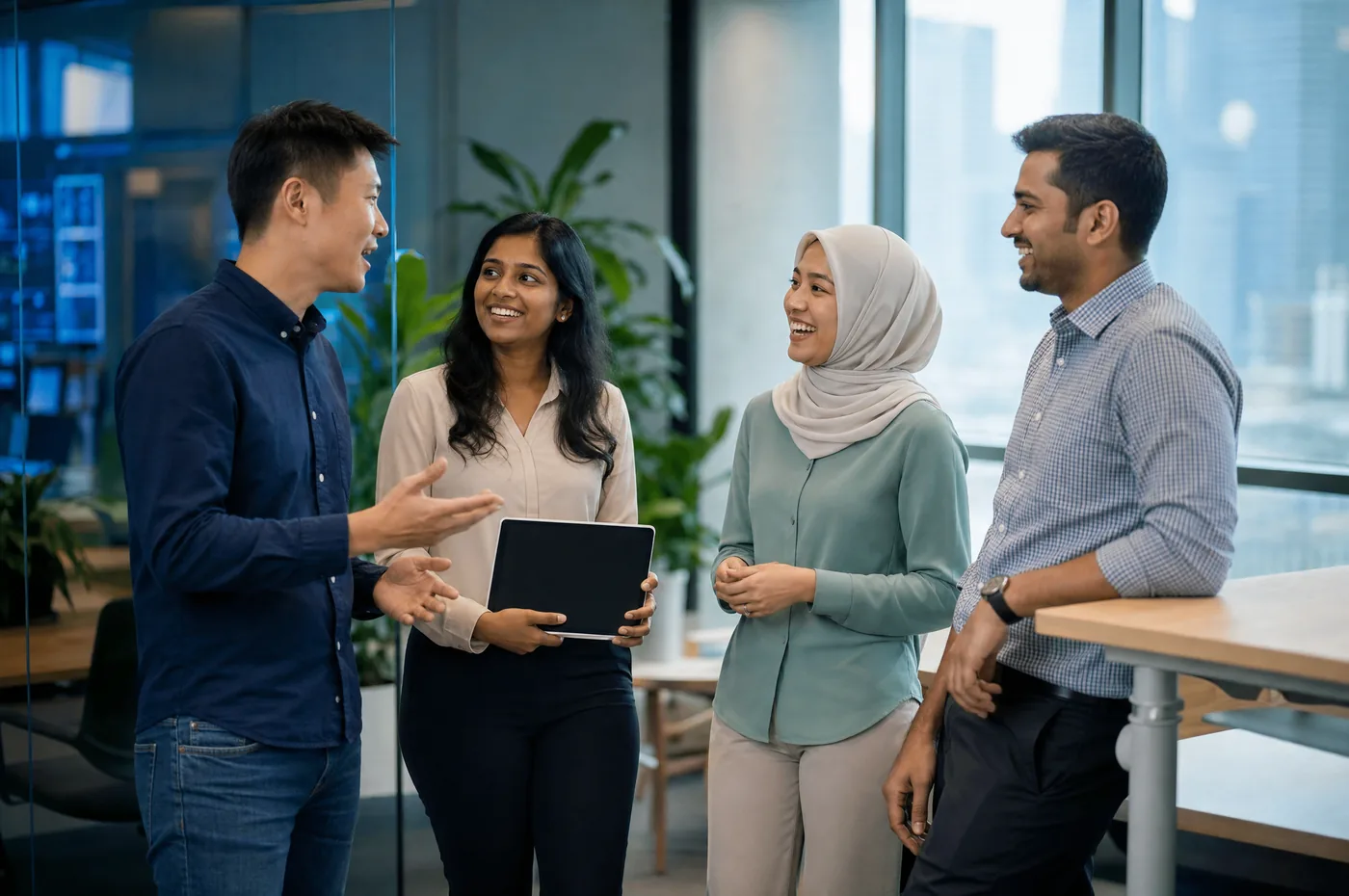 The AI Convo team discussing a project in a modern Singapore office